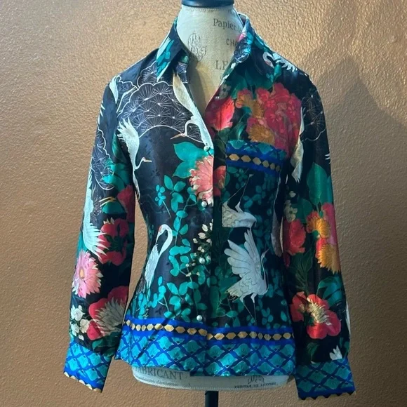 Zara Flowy Blouse with Floral And Crane Print Size XS Excellent Condition! - Picture 7 of 14